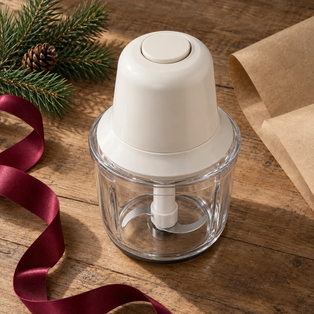 Representative photo-style image of compact electric food chopper — generated, not a specific product