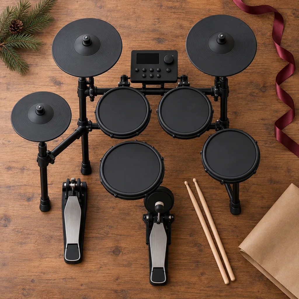 Representative photo-style image of compact electronic drum kit — generated, not a specific product
