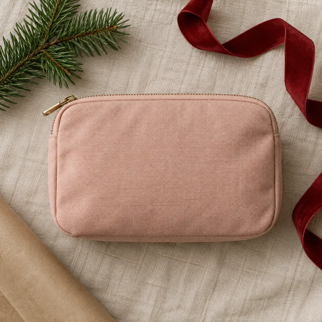 Representative photo-style image of compact everyday makeup pouch — generated, not a specific product