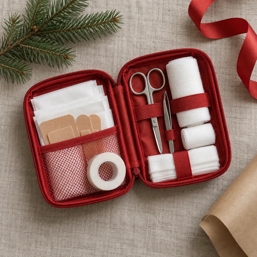 Representative photo-style image of compact first aid kit — generated, not a specific product
