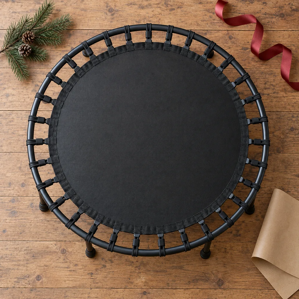 Representative photo-style image of compact fitness rebounder trampoline — generated, not a specific product