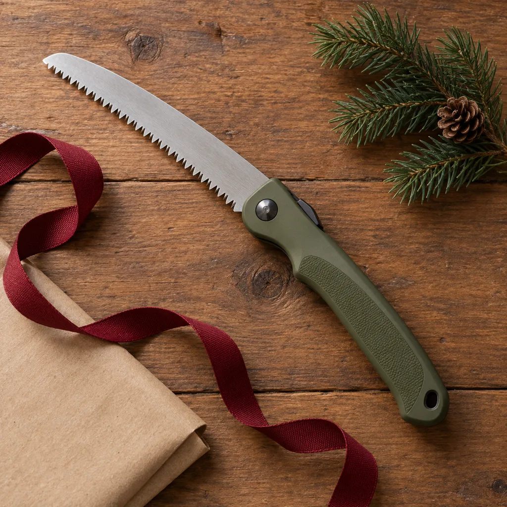 Representative photo-style image of compact folding camp saw — generated, not a specific product