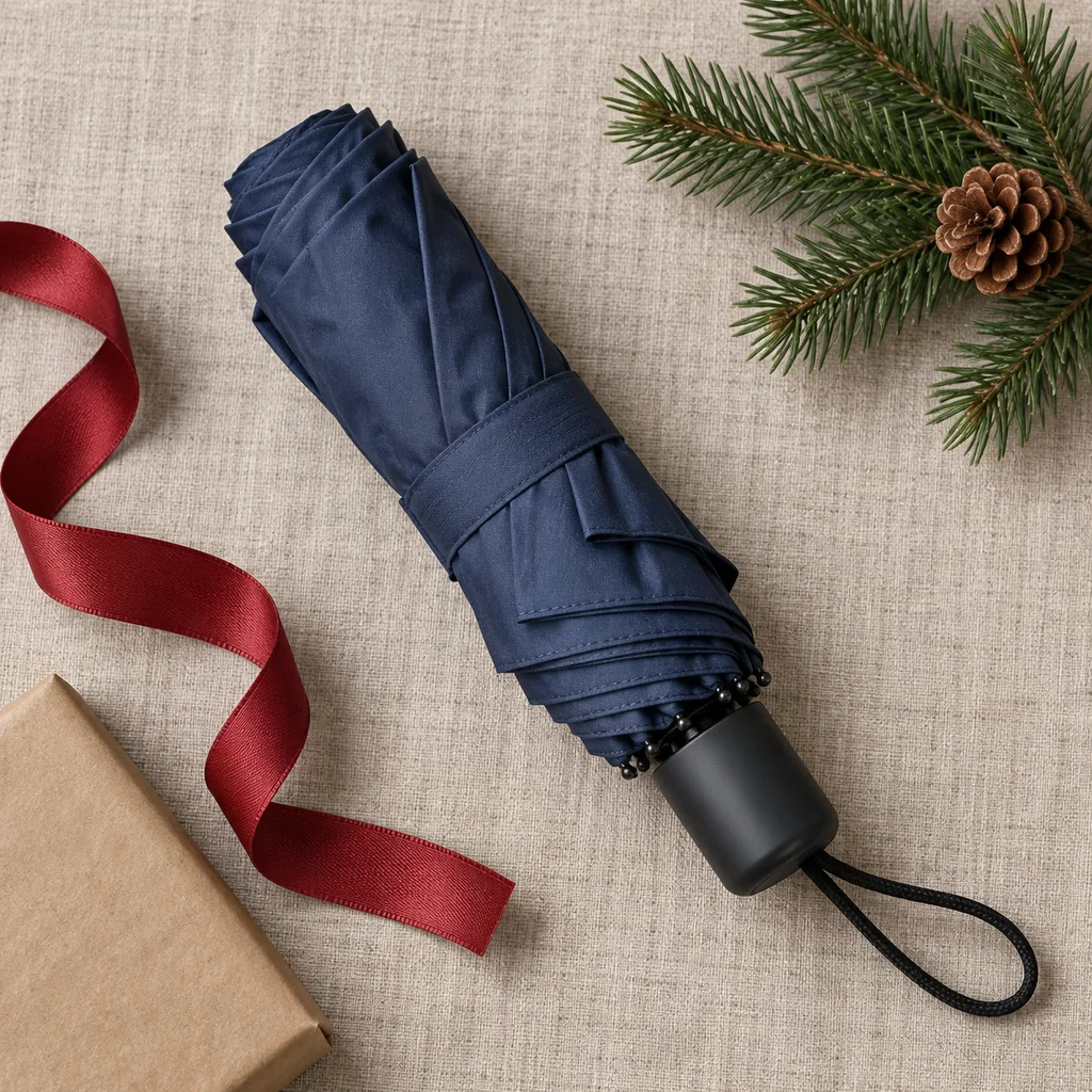 Representative photo-style image of compact travel umbrella — generated, not a specific product