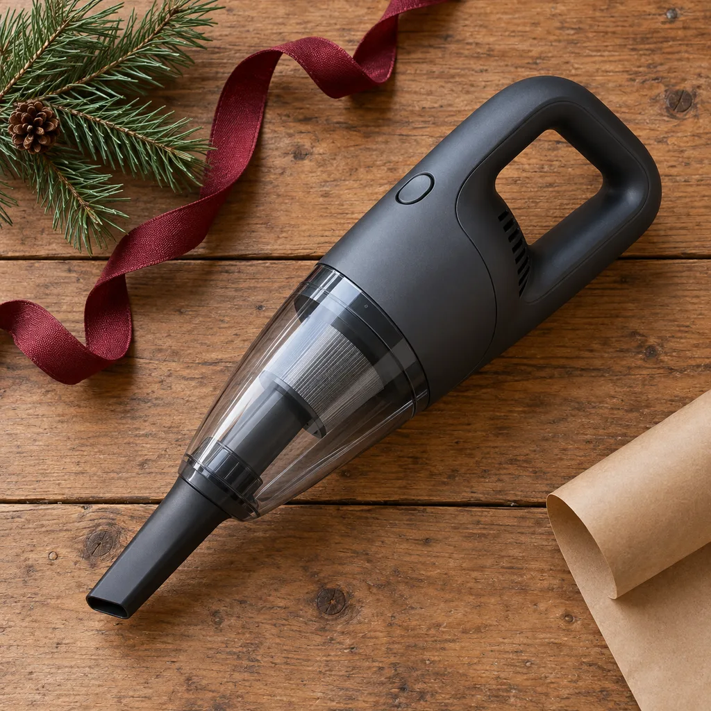 Representative photo-style image of compact handheld car vacuum — generated, not a specific product