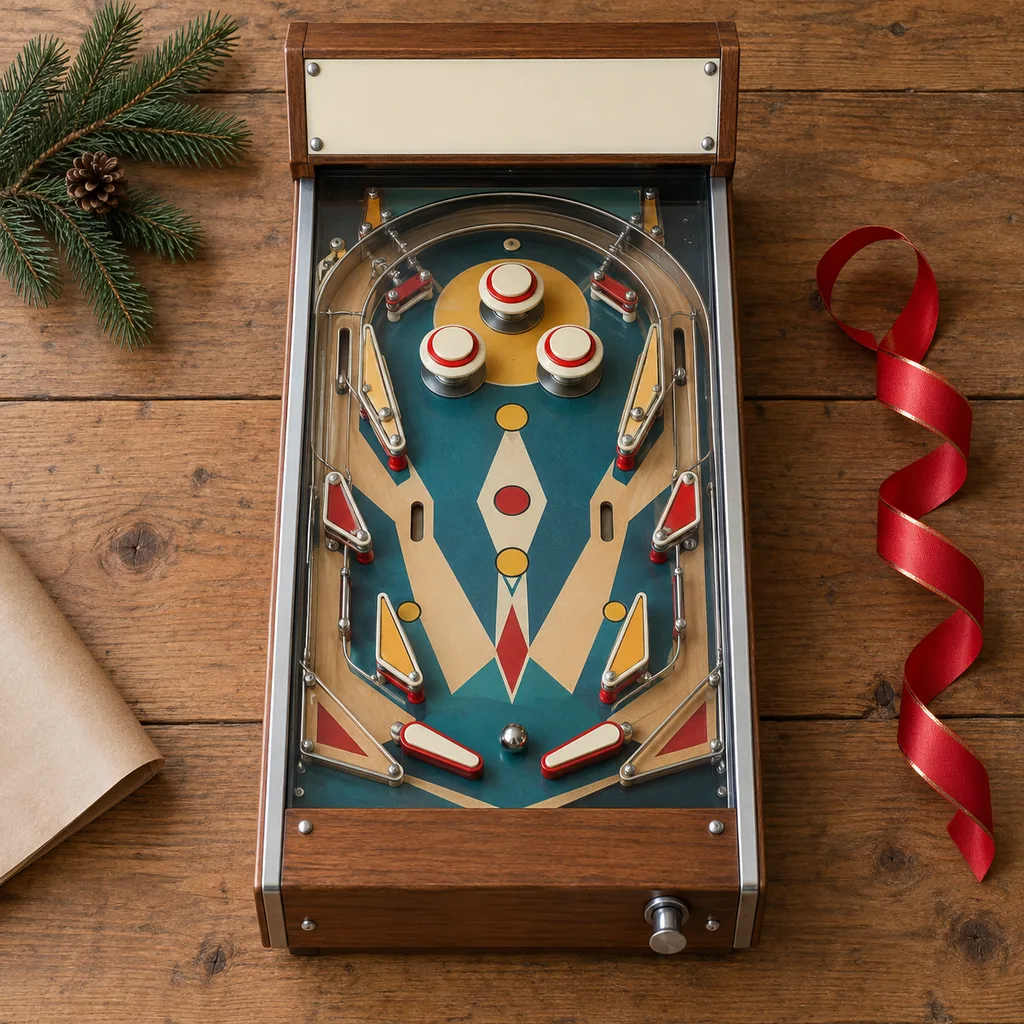 Representative photo-style image of compact home pinball machine — generated, not a specific product