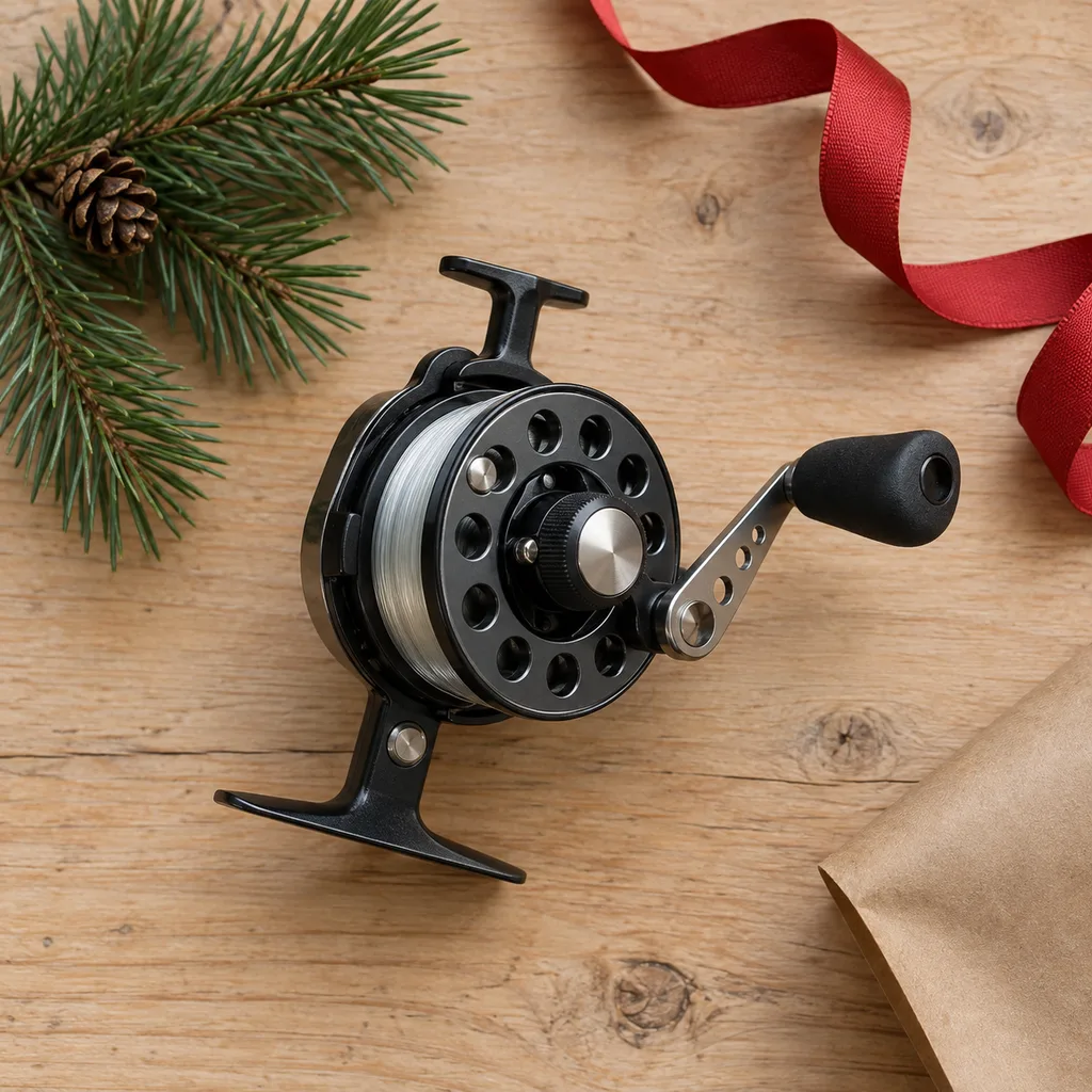 Representative photo-style image of compact ice fishing reel — generated, not a specific product