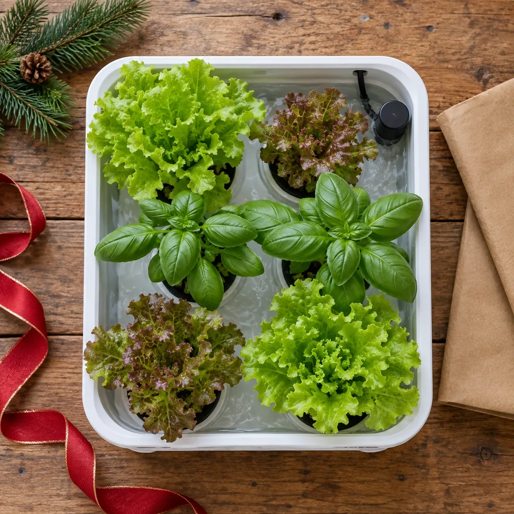 Representative photo-style image of indoor hydroponic garden — generated, not a specific product