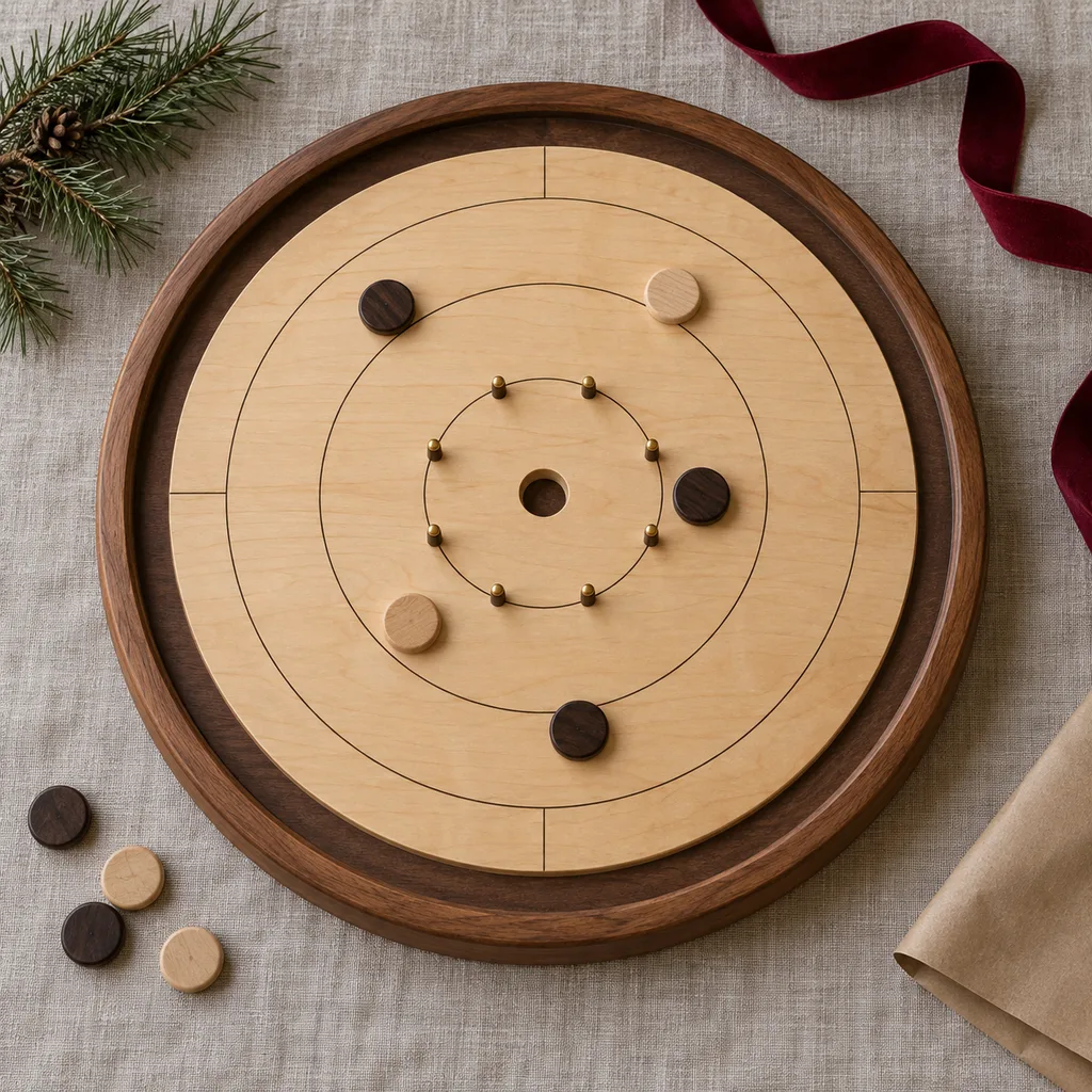 Representative photo-style image of compact mini crokinole board — generated, not a specific product