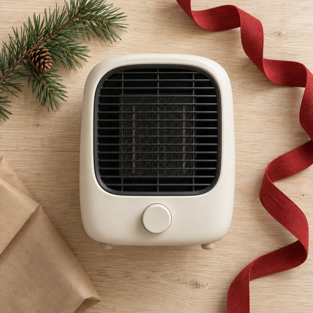 Representative photo-style image of compact mini personal desk heater — generated, not a specific product