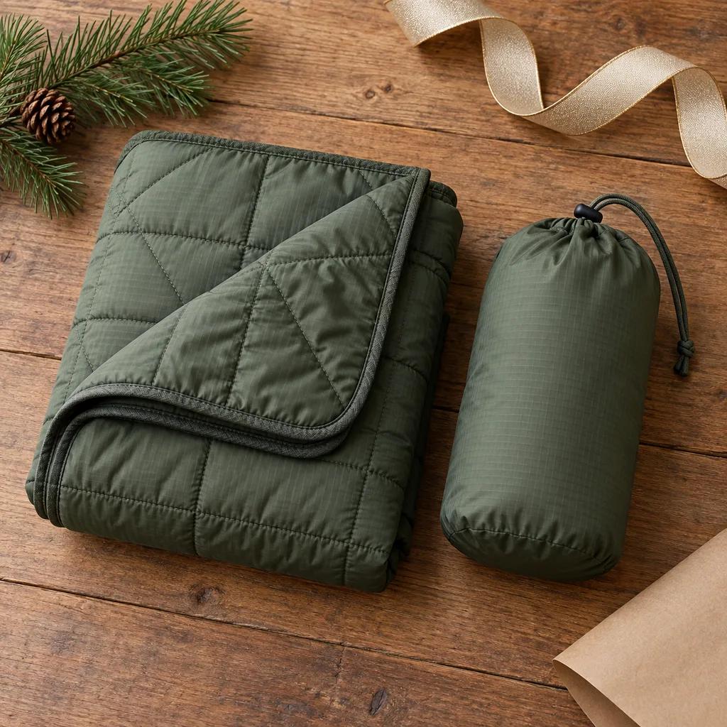 Representative photo-style image of compact packable travel blanket — generated, not a specific product