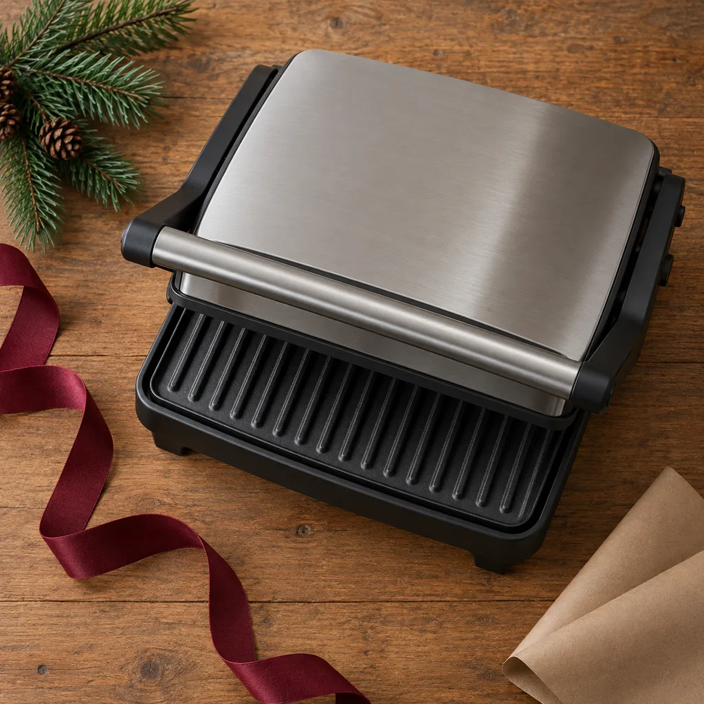 Representative photo-style image of compact panini press grill — generated, not a specific product