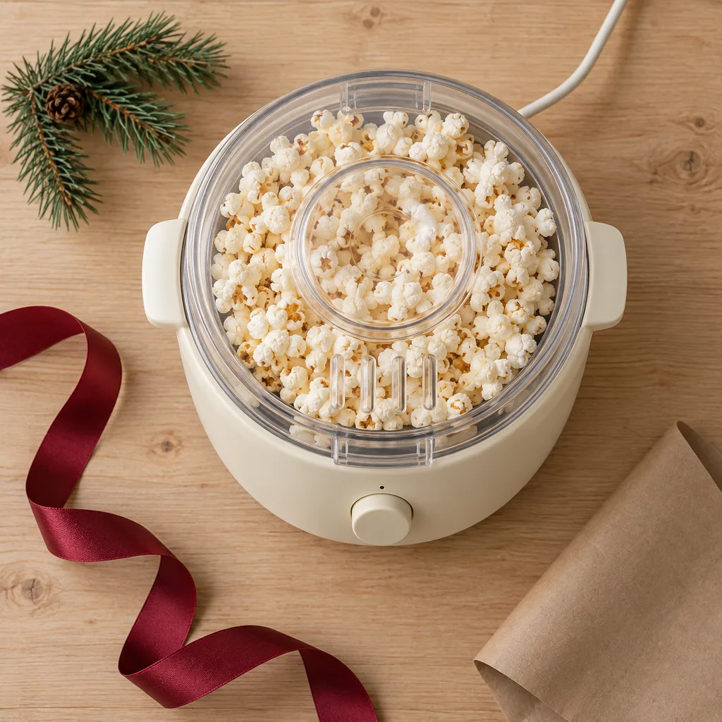 Representative photo-style image of compact popcorn appliance — generated, not a specific product