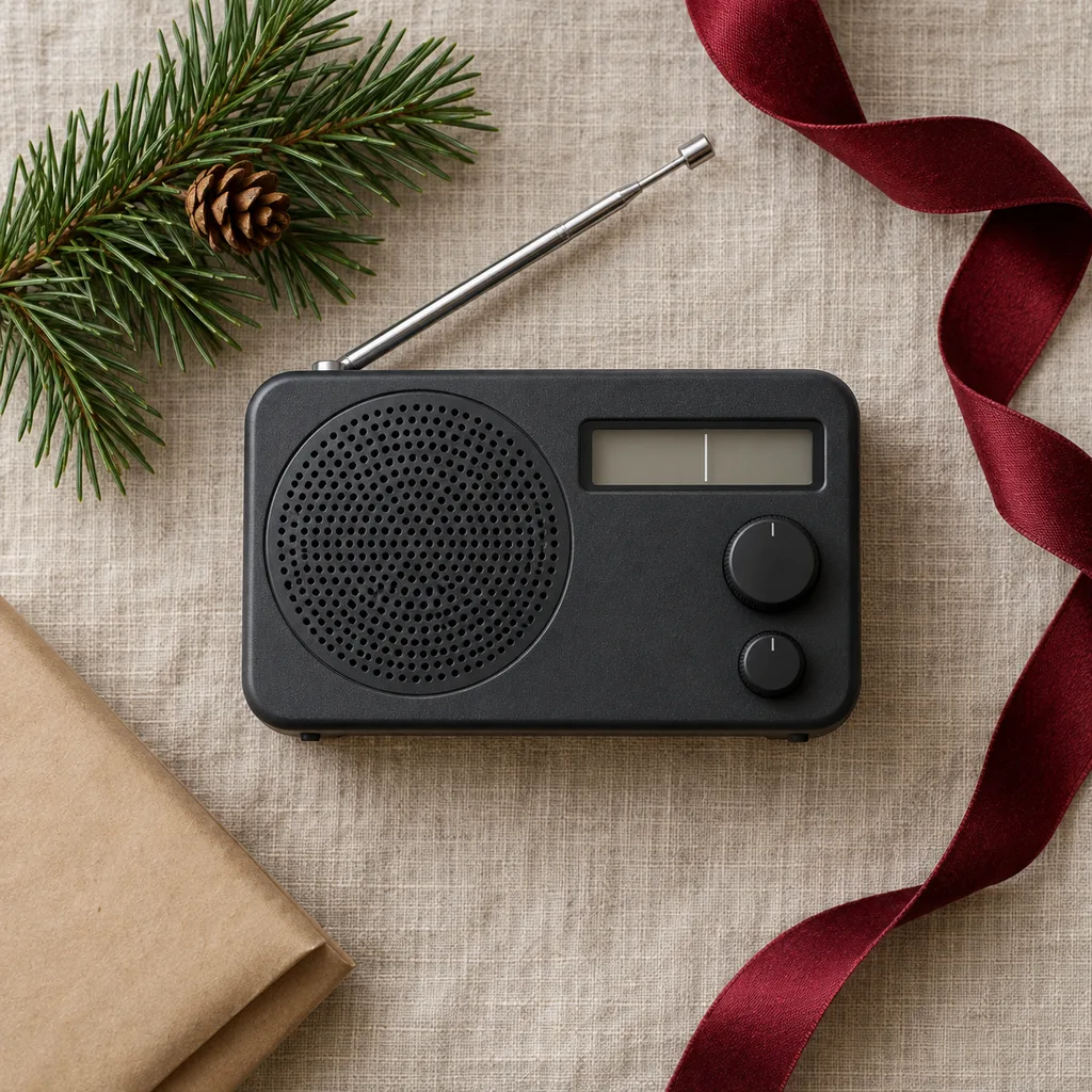 Representative photo-style image of compact portable am fm radio — generated, not a specific product