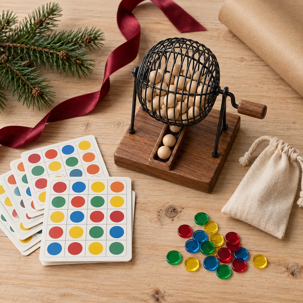 Representative photo-style image of compact portable bingo game — generated, not a specific product