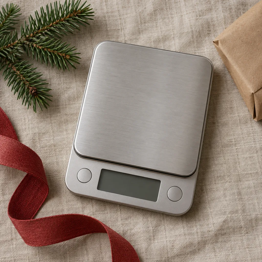 Representative photo-style image of compact portable digital scale — generated, not a specific product