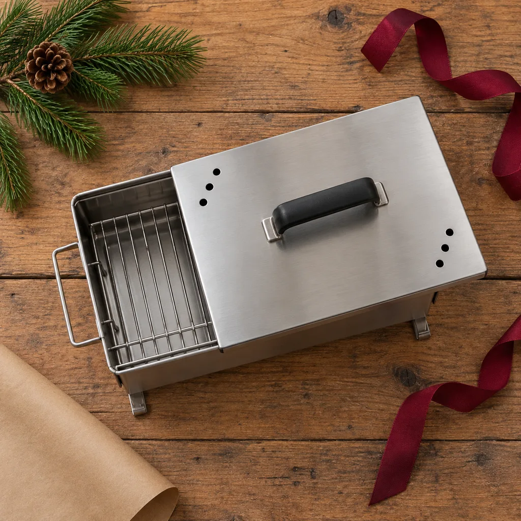 Representative photo-style image of compact portable outdoor smoker — generated, not a specific product