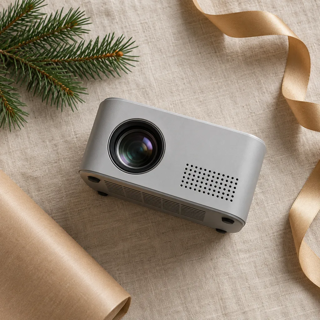 Representative photo-style image of compact portable projector — generated, not a specific product