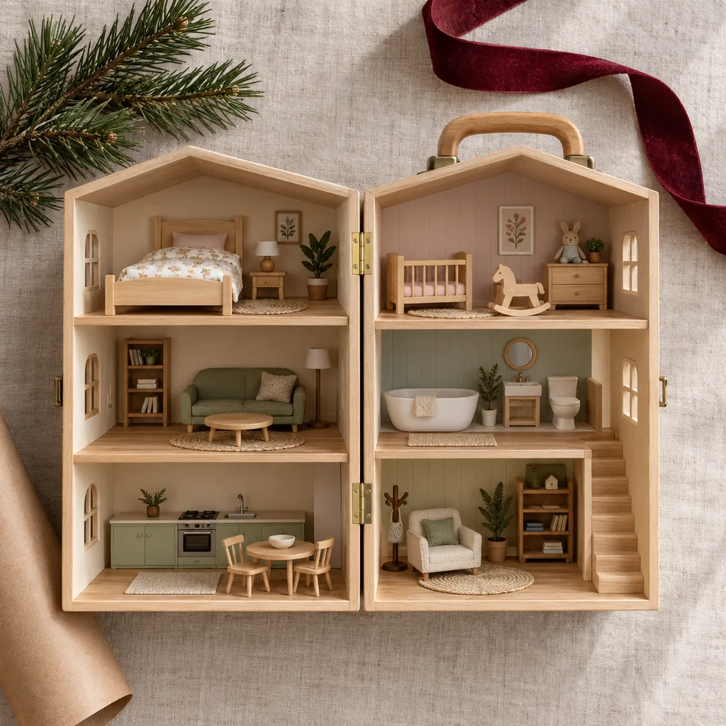 Representative photo-style image of compact portable travel dollhouse — generated, not a specific product