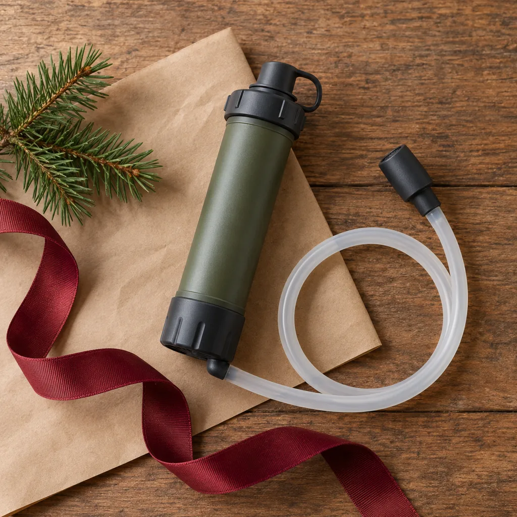 Representative photo-style image of compact portable water filter — generated, not a specific product