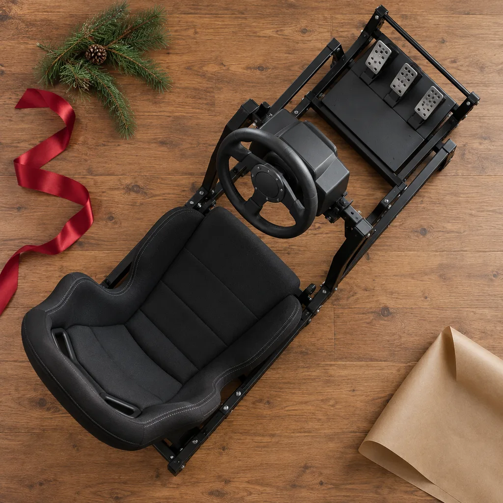 Representative photo-style image of compact sim racing stand with seat — generated, not a specific product