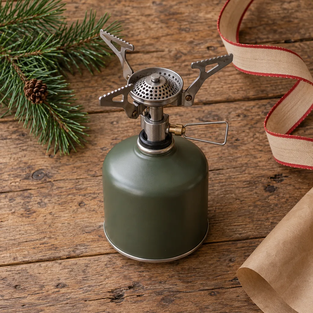 Representative photo-style image of compact single burner canister stove — generated, not a specific product