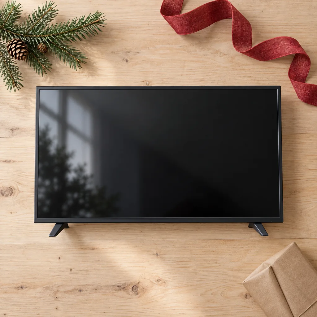 Representative photo-style image of compact smart kitchen television — generated, not a specific product
