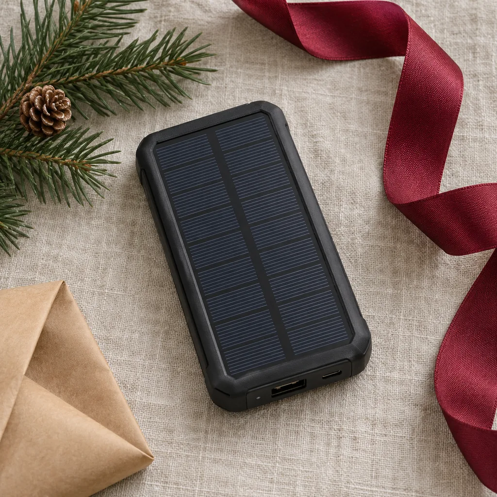 Representative photo-style image of compact solar powered charger — generated, not a specific product