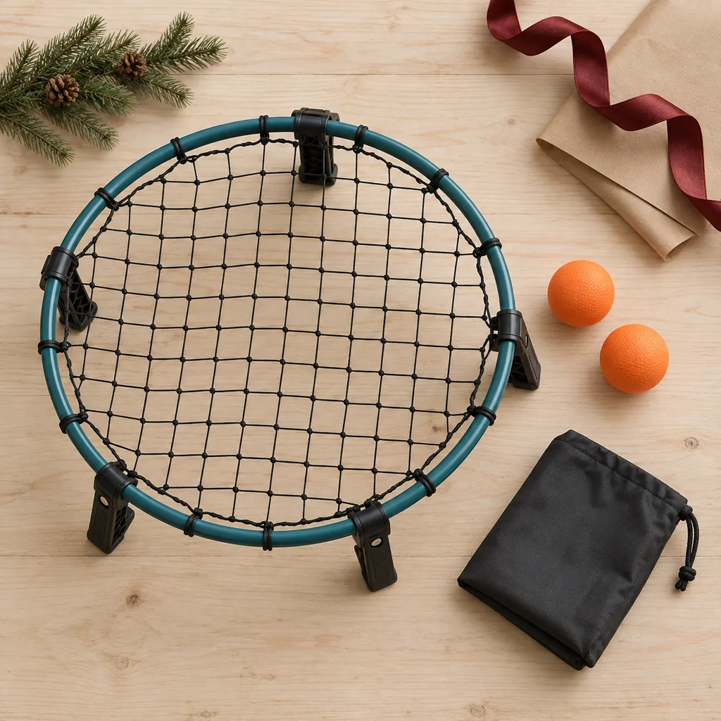 Representative photo-style image of compact space-saving roundnet game — generated, not a specific product