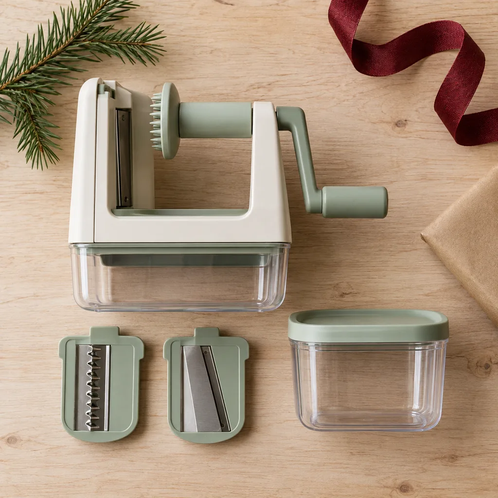 Representative photo-style image of compact storage spiralizer system — generated, not a specific product
