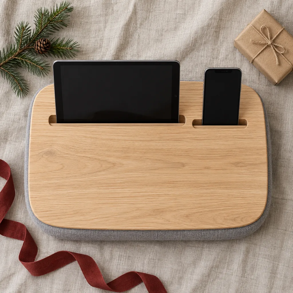 Representative photo-style image of compact tablet and phone lap tray — generated, not a specific product