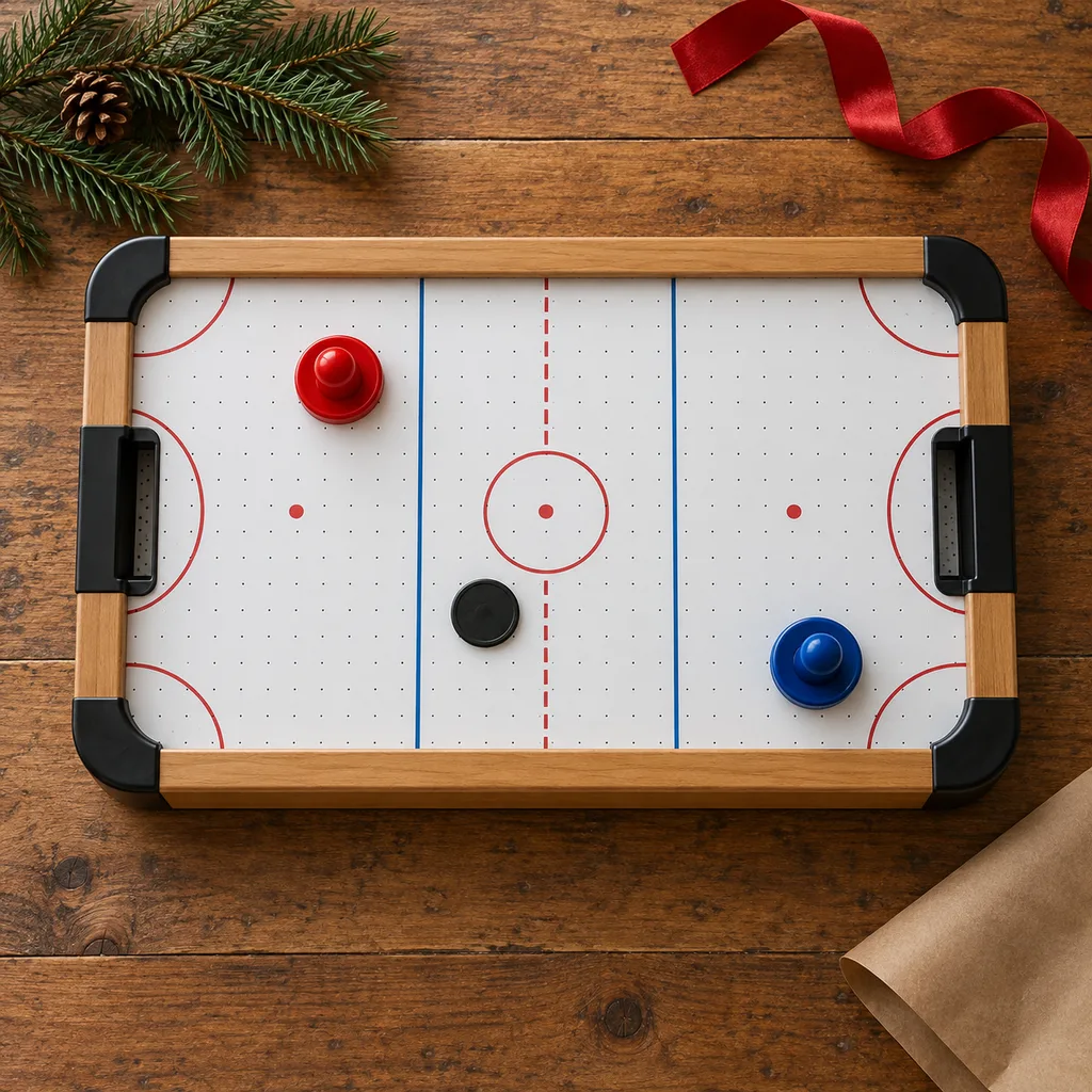 Representative photo-style image of compact tabletop air hockey game — generated, not a specific product