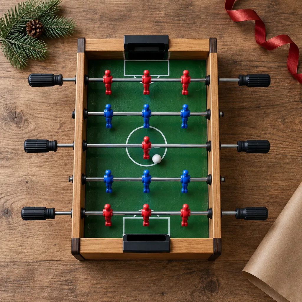 Representative photo-style image of compact tabletop foosball game — generated, not a specific product