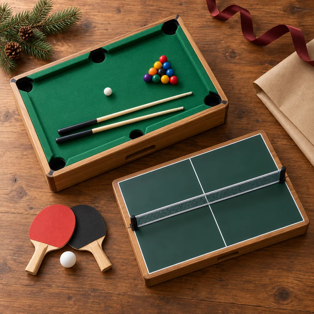 Representative photo-style image of compact tabletop game system — generated, not a specific product
