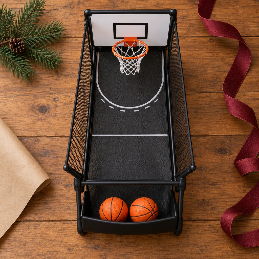 Representative photo-style image of compact tabletop mini basketball game — generated, not a specific product