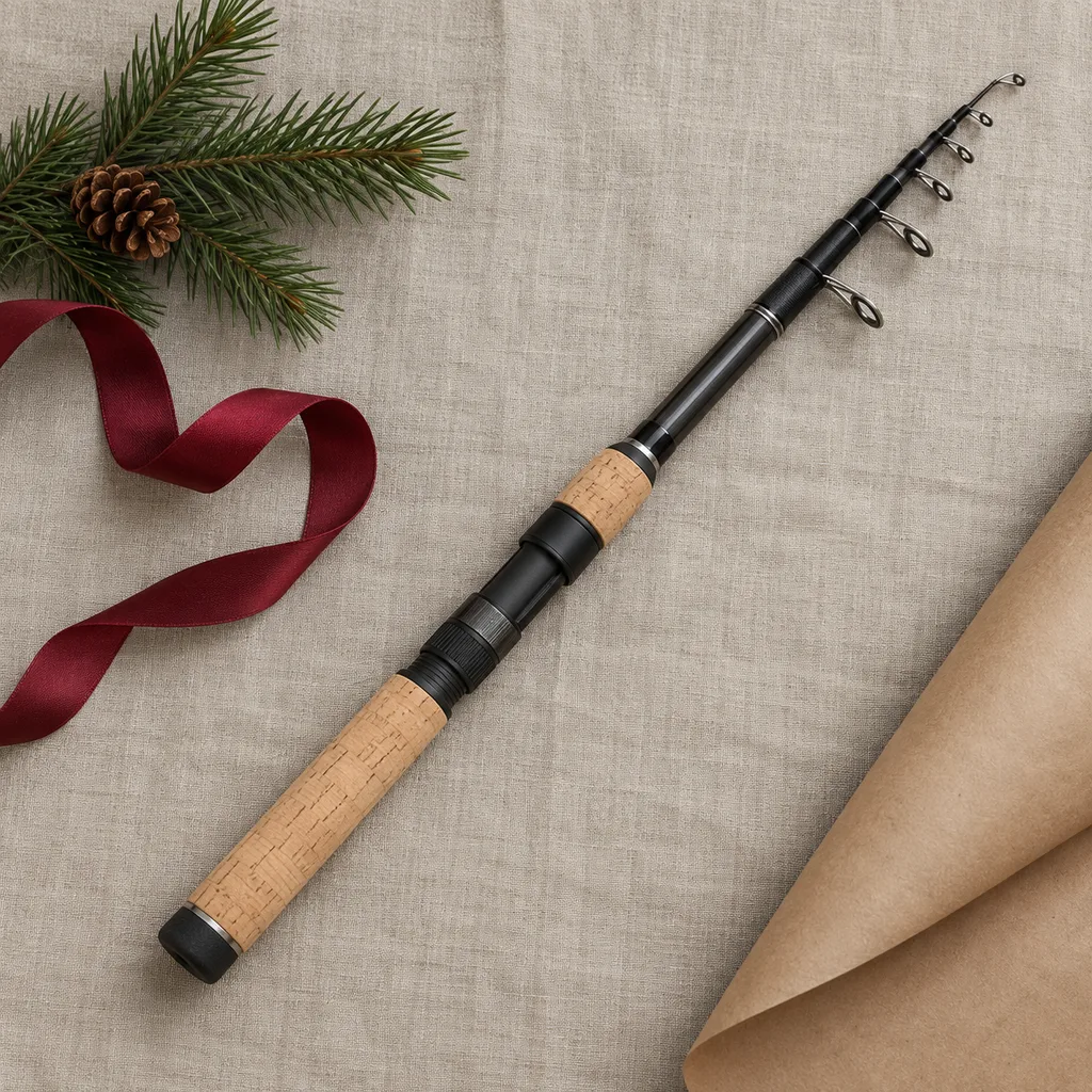 Representative photo-style image of compact telescopic travel fishing rod — generated, not a specific product