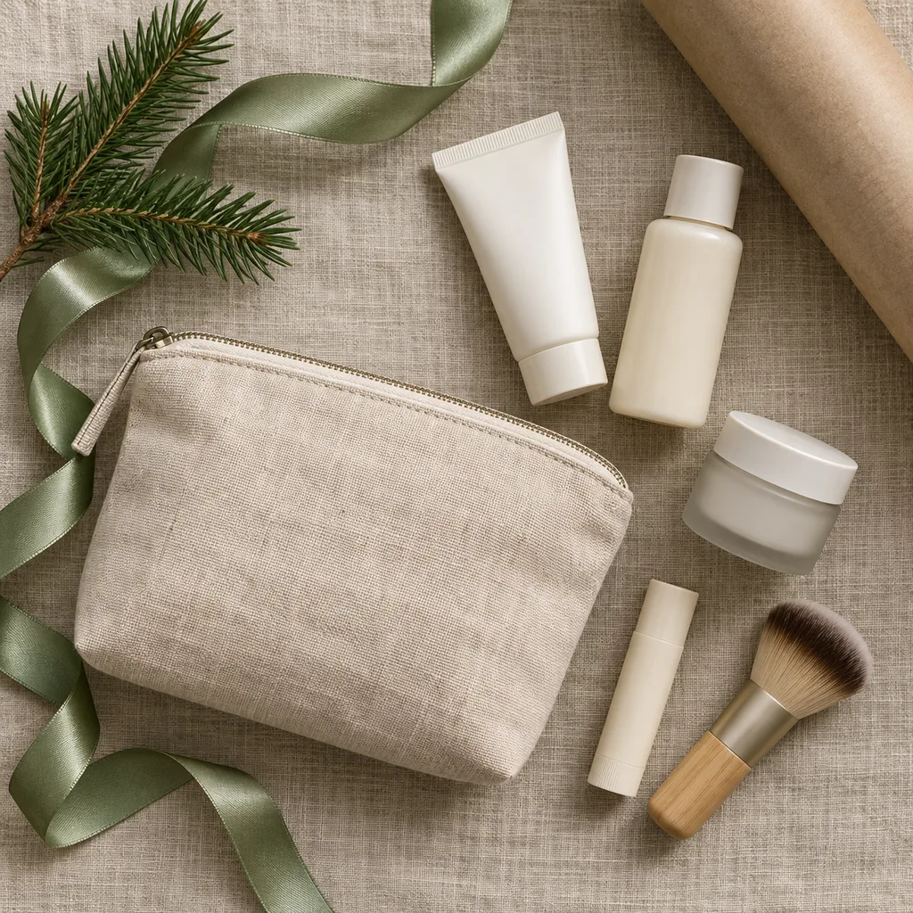 Representative photo-style image of compact travel beauty essentials set — generated, not a specific product