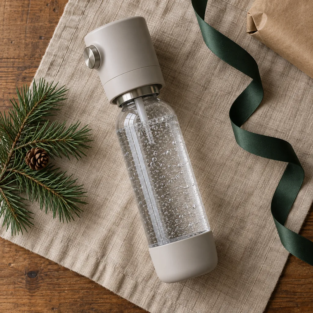 Representative photo-style image of compact travel carbonator — generated, not a specific product
