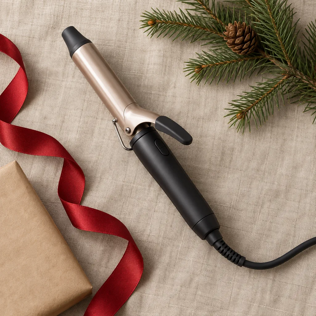 Representative photo-style image of compact travel curling iron — generated, not a specific product