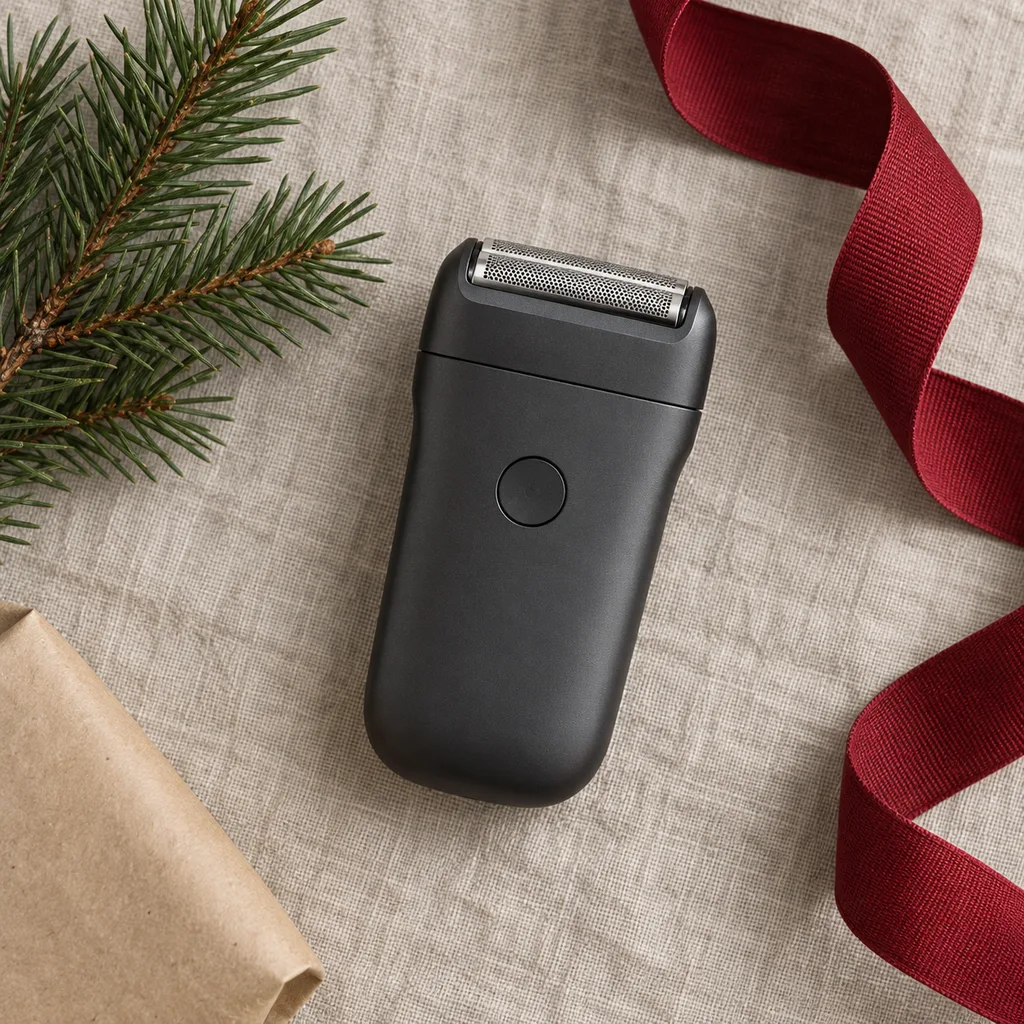 Representative photo-style image of compact travel electric shaver — generated, not a specific product
