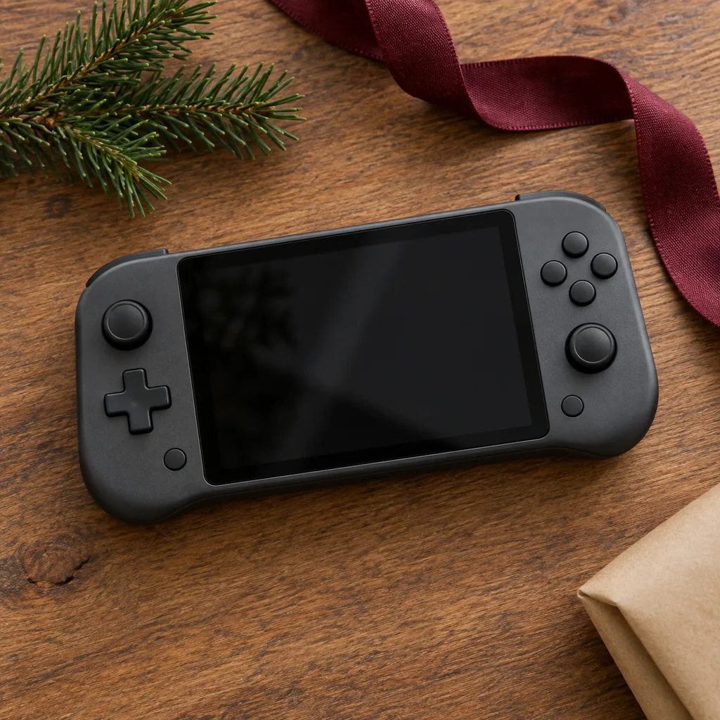 Representative photo-style image of compact travel gaming system — generated, not a specific product