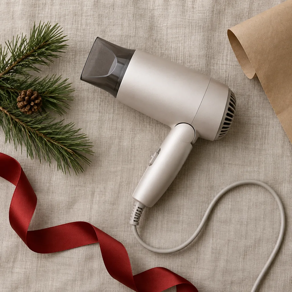 Representative photo-style image of compact travel hair dryer — generated, not a specific product