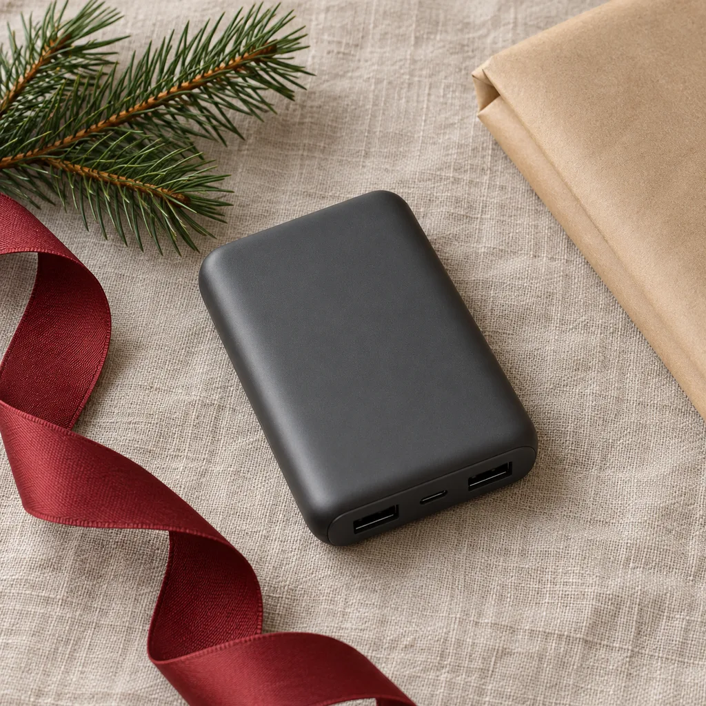 Representative photo-style image of compact travel power bank — generated, not a specific product