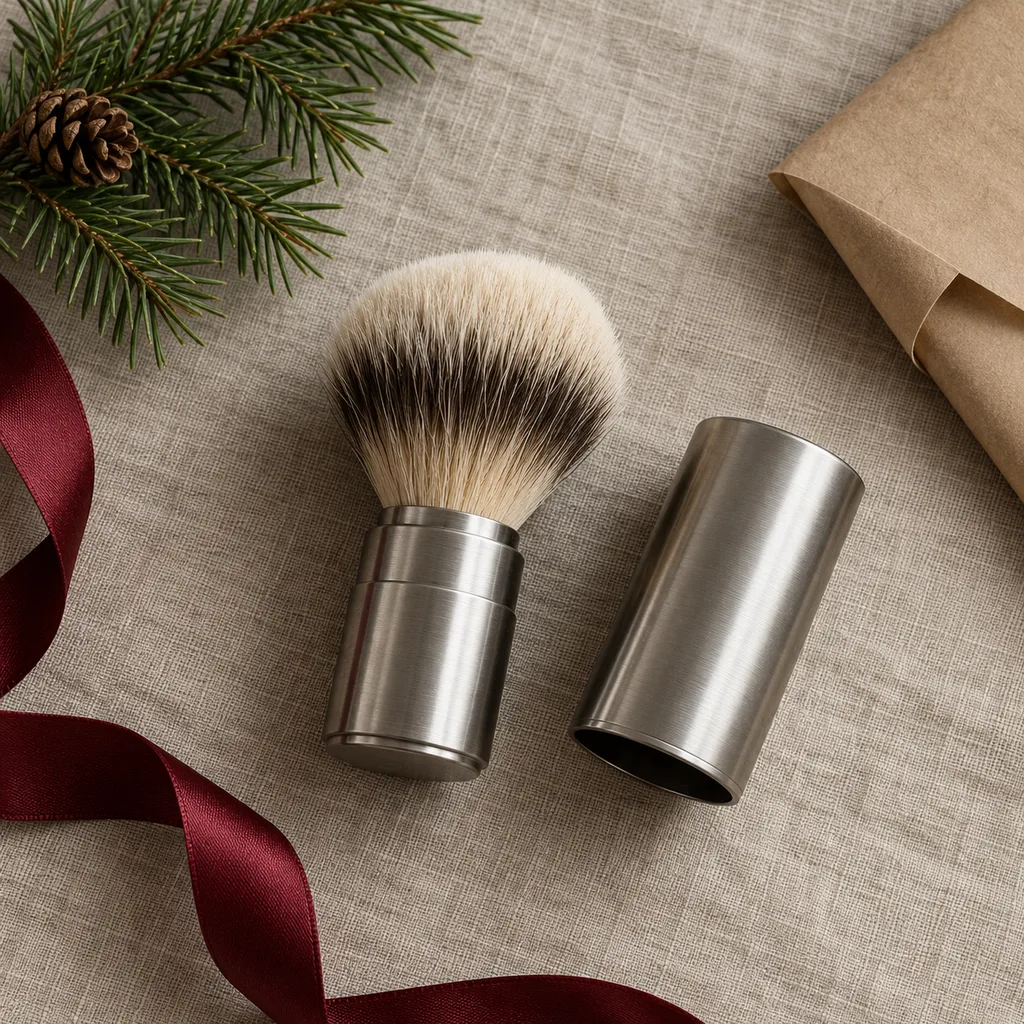 Representative photo-style image of travel shaving brush — generated, not a specific product