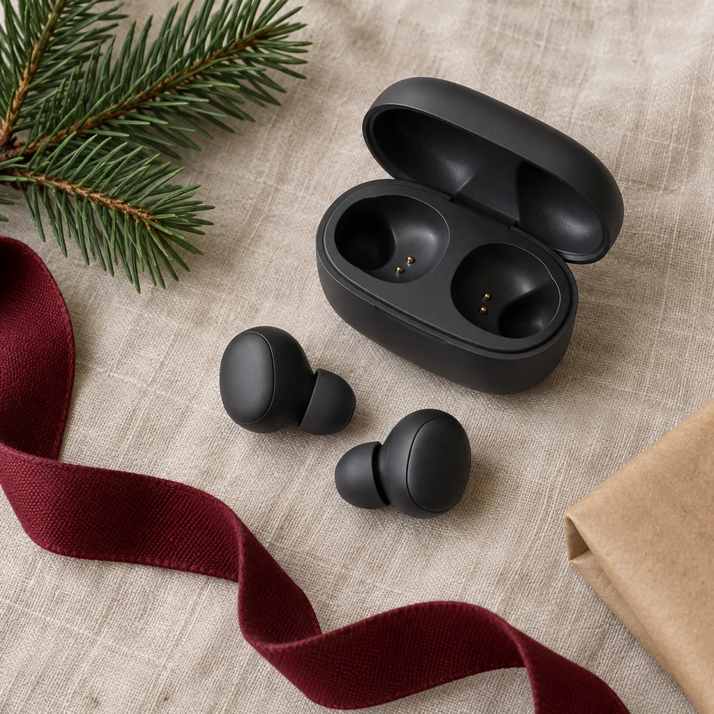 Representative photo-style image of compact true wireless earbuds — generated, not a specific product