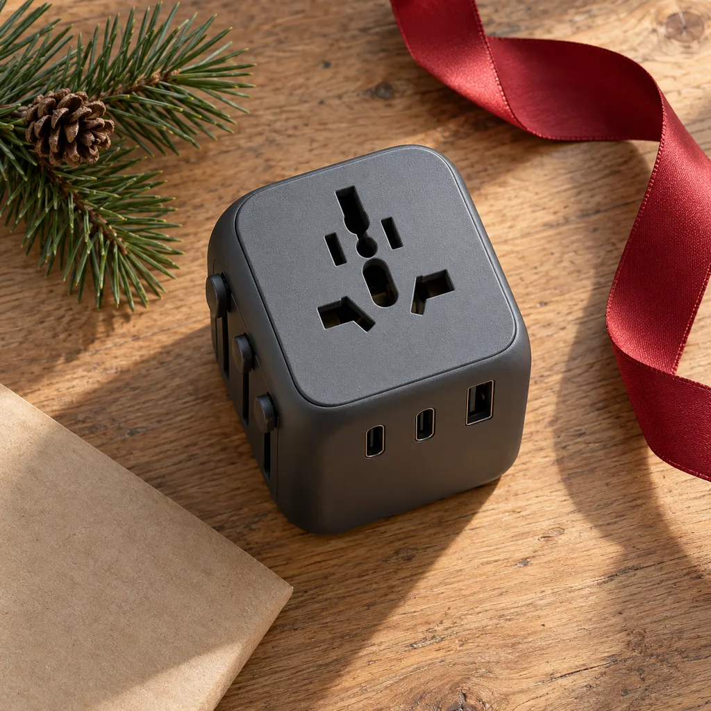 Representative photo-style image of compact universal adapter with usb-c ports — generated, not a specific product