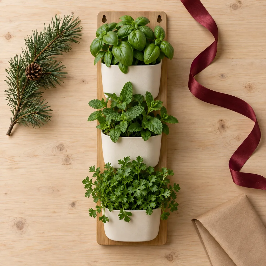 Representative photo-style image of compact vertical herb garden system — generated, not a specific product