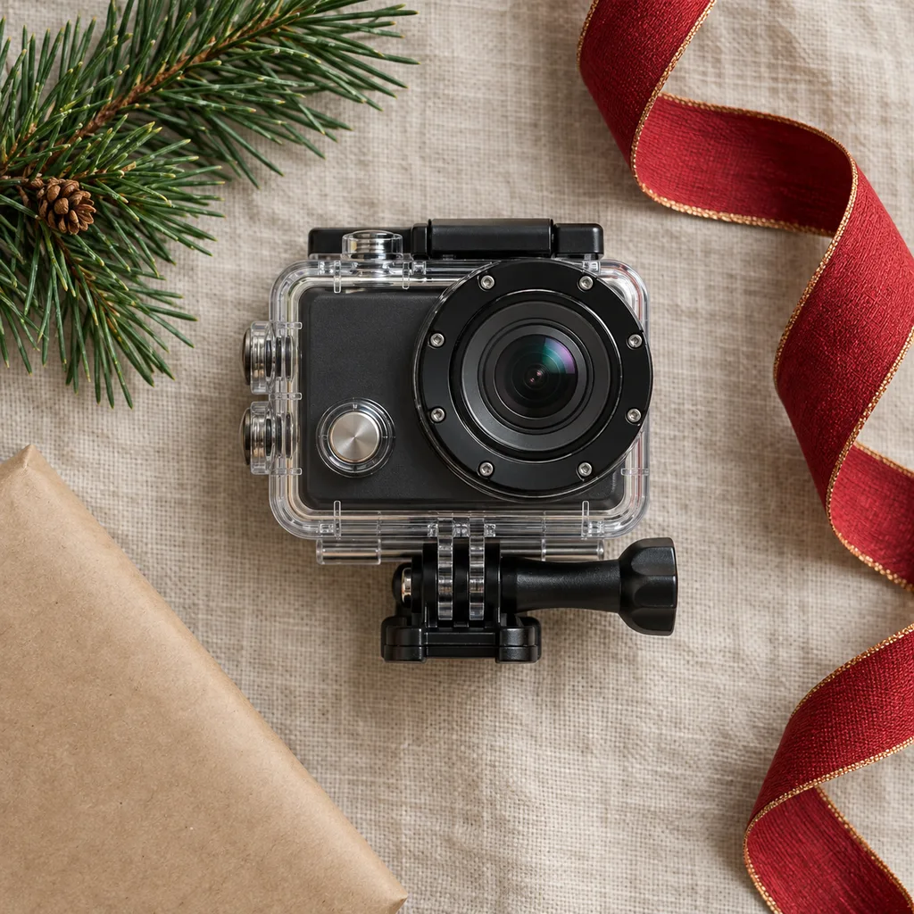 Representative photo-style image of compact waterproof action camera — generated, not a specific product