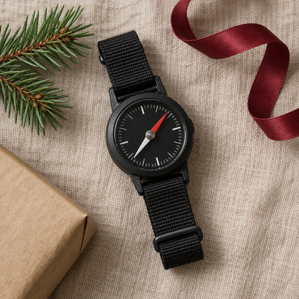 Representative photo-style image of compact wrist-mounted compass — generated, not a specific product