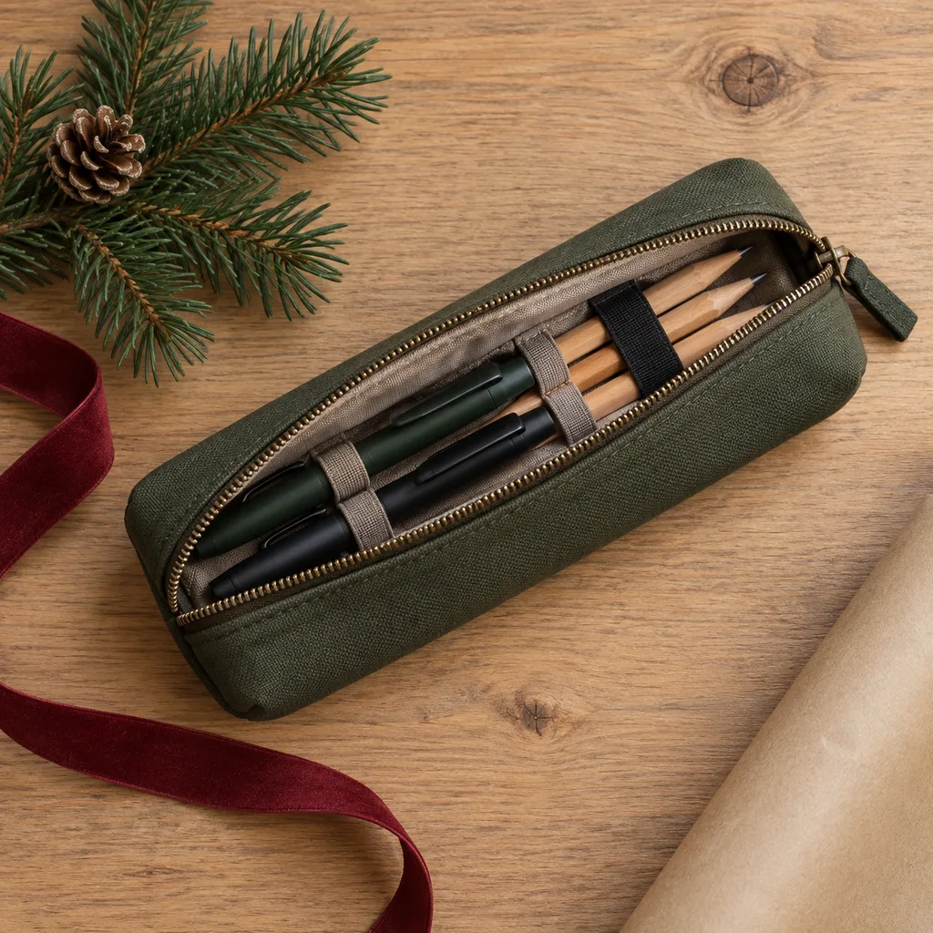 Representative photo-style image of compact zippered pen wallet — generated, not a specific product