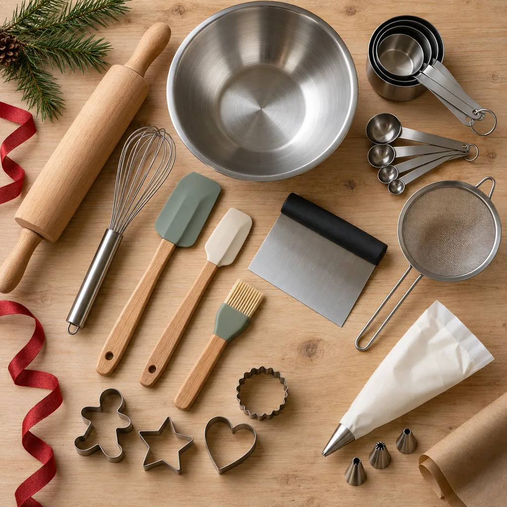 Representative photo-style image of complete baking tool set — generated, not a specific product